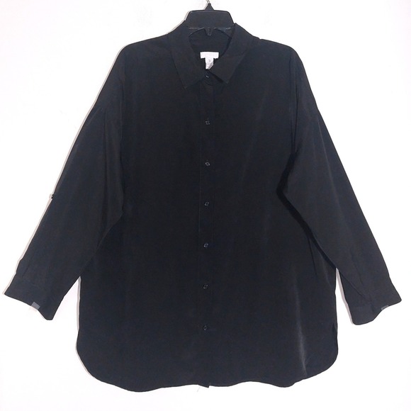 Chicos Soft Black Button Front Rolled Tab Long Sleeve Collared Shirt Size 3 EUC - Picture 3 of 11